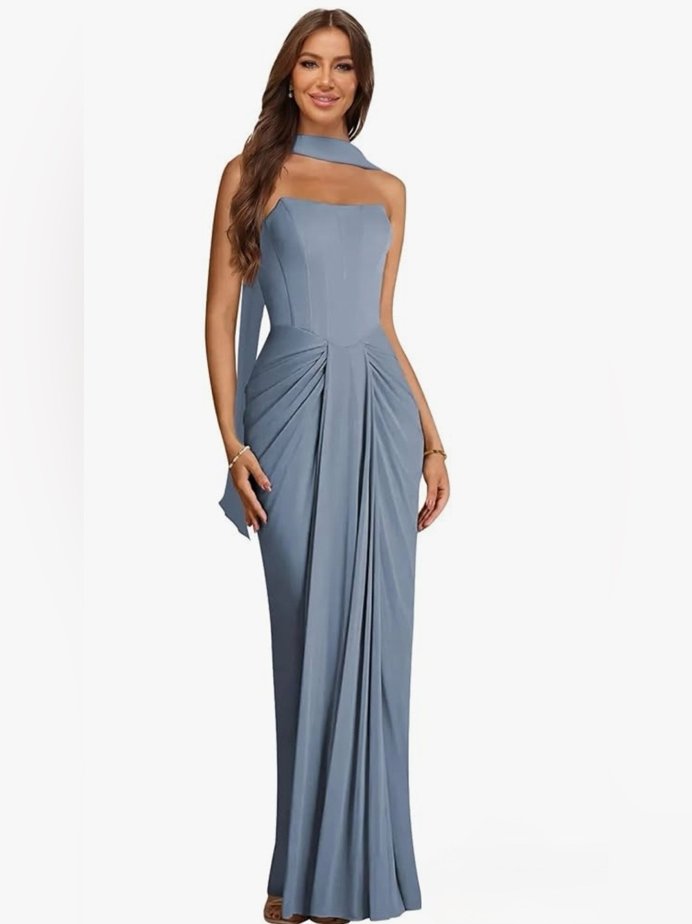 Strapless Chiffon Draped Maxi Dress in Slate Blue